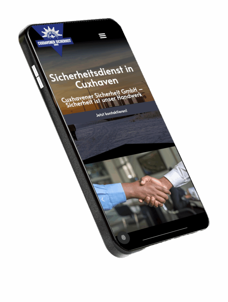 Smartphone-Ansicht der Website Cuxhavener Sicherheit GmbH, Link zu Projektbeschreibung und Erfolgsstory