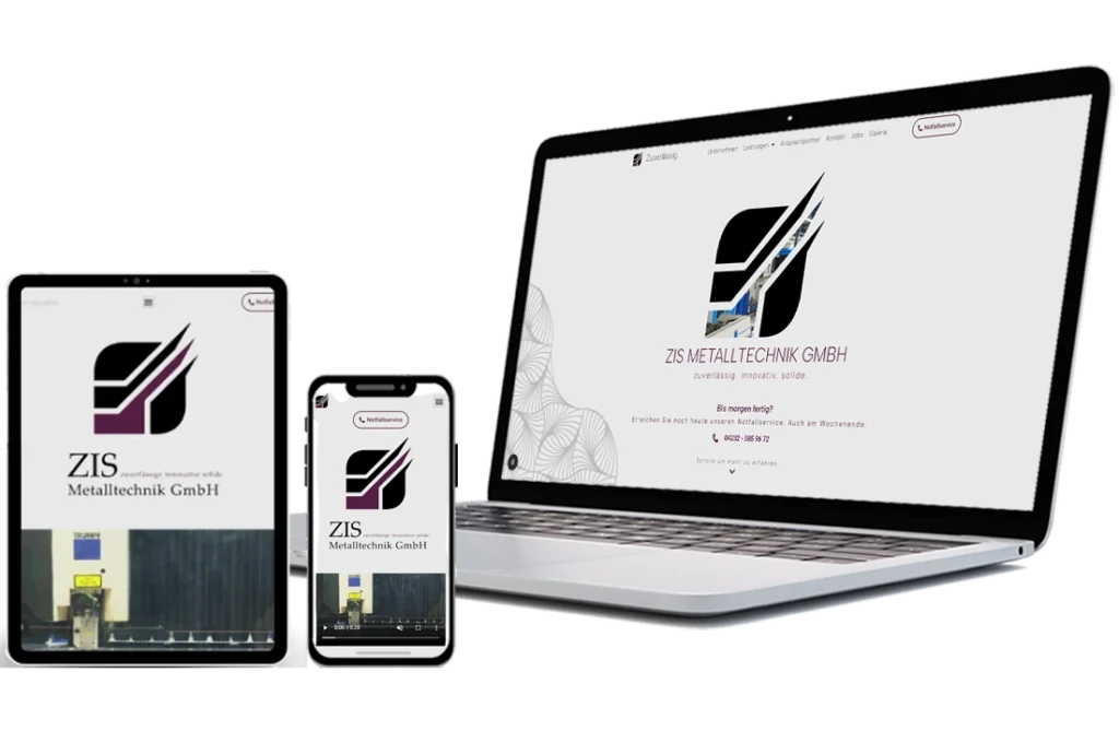 Website der ZIS Metalltechnik GmbH auf Laptop, Tablet und Smartphone – moderne Firmen- und Karriereseite