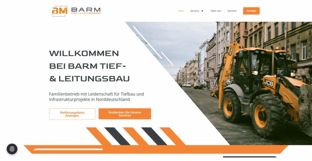 Website von BARM Tief- und Leitungsbau – Fokus auf Mitarbeitergewinnung durch klare Jobangebote im Header