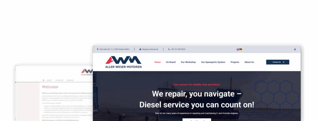 Vorher-Nachher-Vergleich der Webseite von Aller-Weser-Motoren – alte Version im Hintergrund, moderne neue Seite im Vordergrund