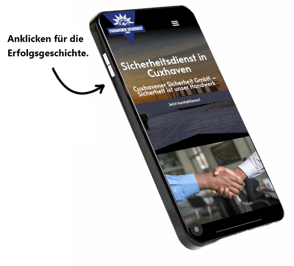 Smartphone-Ansicht der Website Cuxhavener Sicherheit GmbH, Link zu Projektbeschreibung und Erfolgsstory