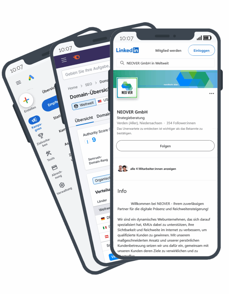 Illustration von drei Smartphones mit LinkedIn-Profil, SEO-Tool Semrush und Google Ads – zeigt multikanale Online-Präsenz