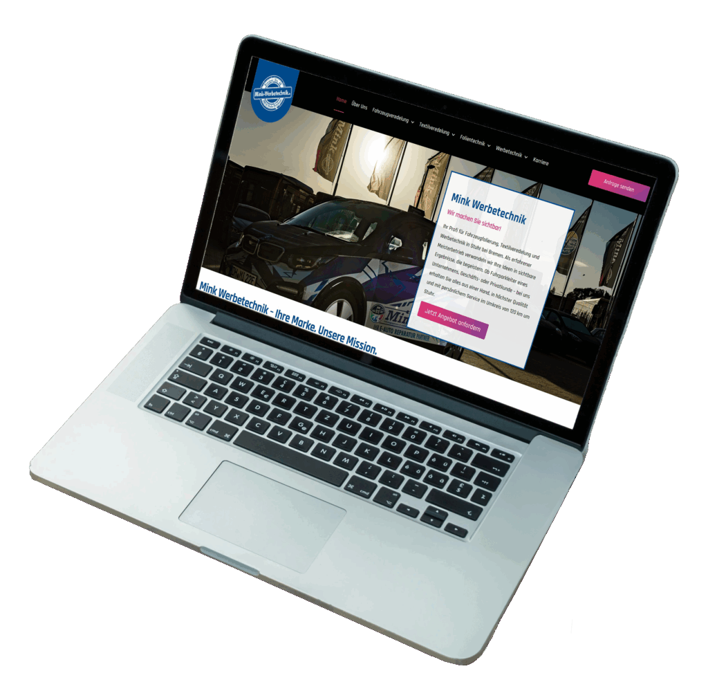 Laptop-Mockup der Mink Werbetechnik Webseite, Link zur Projektbeschreibung über neuen Webauftritt für eigenständiges Unternehmensstandbein
