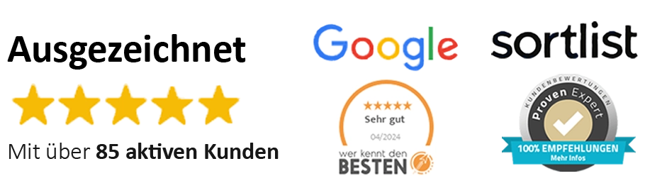 Kundenzufriedenheit: 5-Sterne-Bewertungen bei Google, Sortlist und Proven Expert – Auszeichnung als Top-Agentur