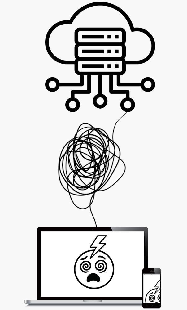 Unübersichtliche Cloud-Daten und verwirrte Webseiten-Nutzer – Grafik für chaotische Projekte durch Fremdanbieter