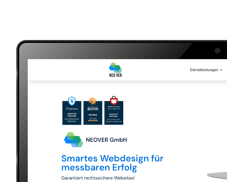 Ausschnitt der NEOVER-Webseite mit Fokus auf Qualitätssiegeln und dem Slogan „Smartes Webdesign für messbaren Erfolg“